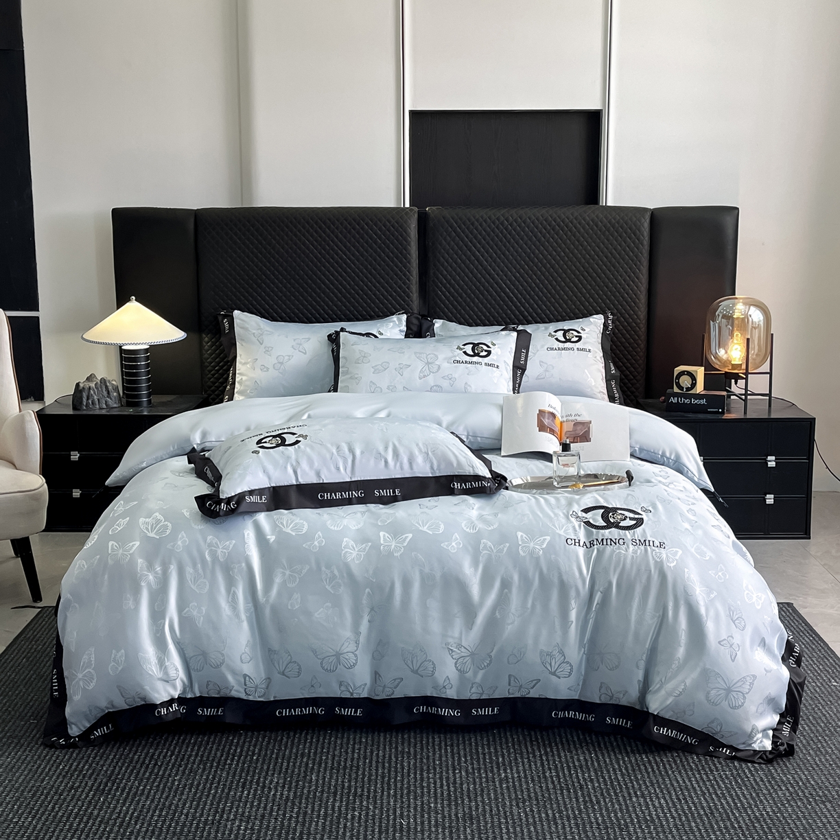 91家纺网 家纺一手货源 找家纺 澳梵家居 2026新款冰丝提花水洗真丝四件套-蝶梦系列 蝶梦-梦蓝