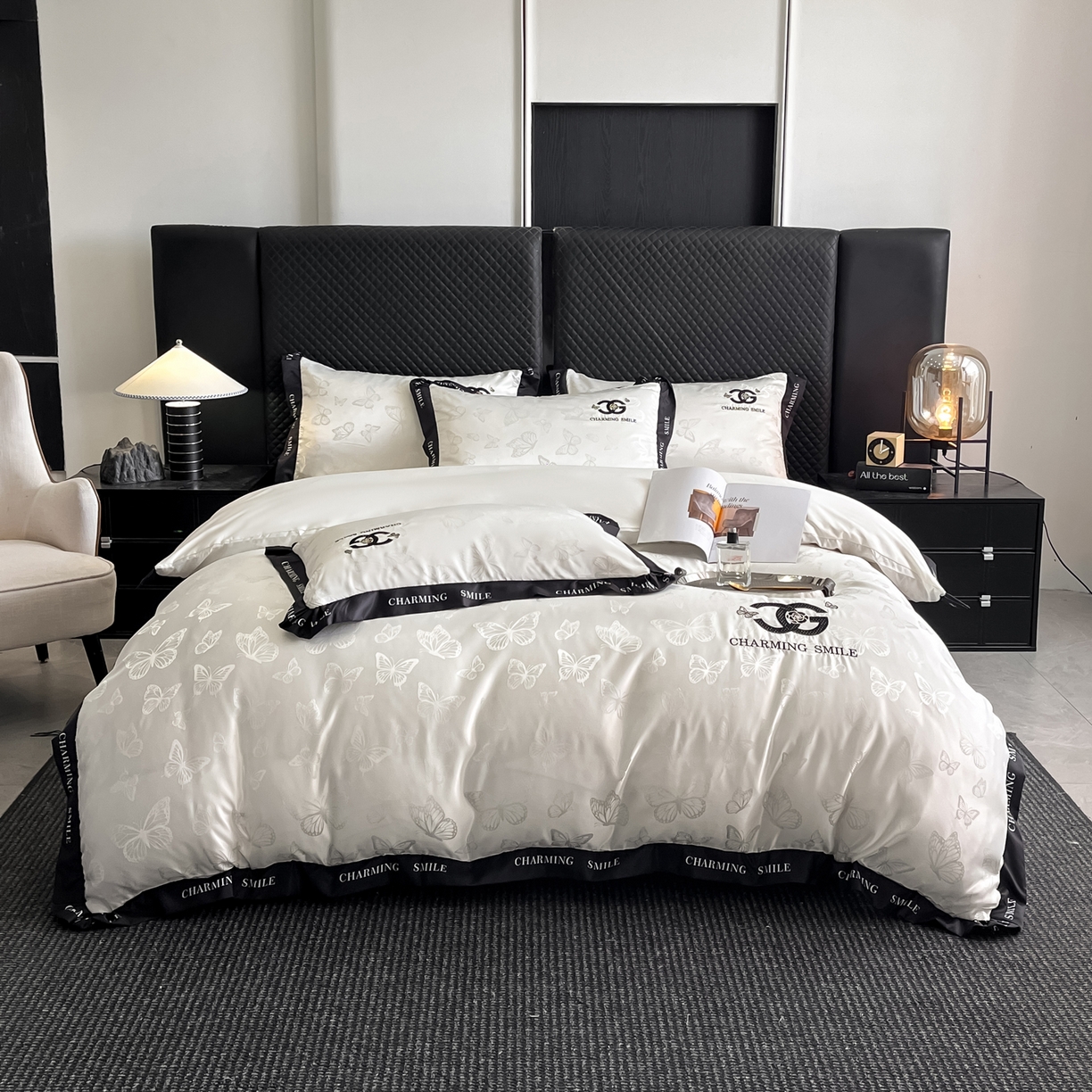 91家纺网 家纺一手货源 找家纺 澳梵家居 2026新款冰丝提花水洗真丝四件套-蝶梦系列 蝶梦-珍珠白