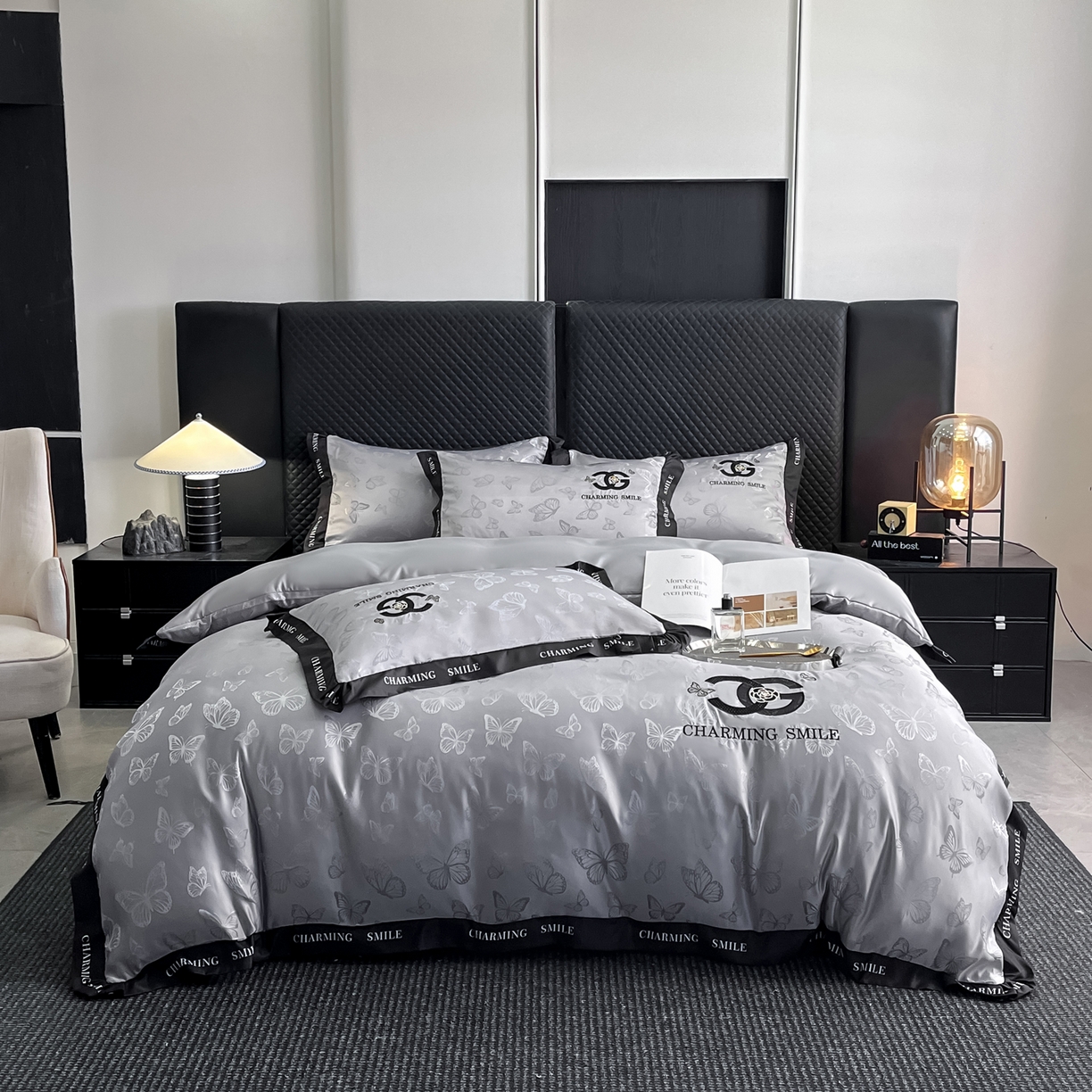 91家纺网 家纺一手货源 找家纺 澳梵家居 2026新款冰丝提花水洗真丝四件套-蝶梦系列 蝶梦-银灰