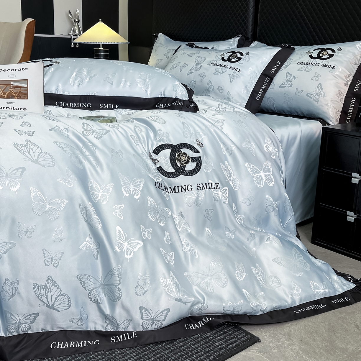 91家纺网 家纺一手货源 找家纺 澳梵家居 2026新款冰丝提花水洗真丝四件套-蝶梦系列 蝶梦-梦蓝