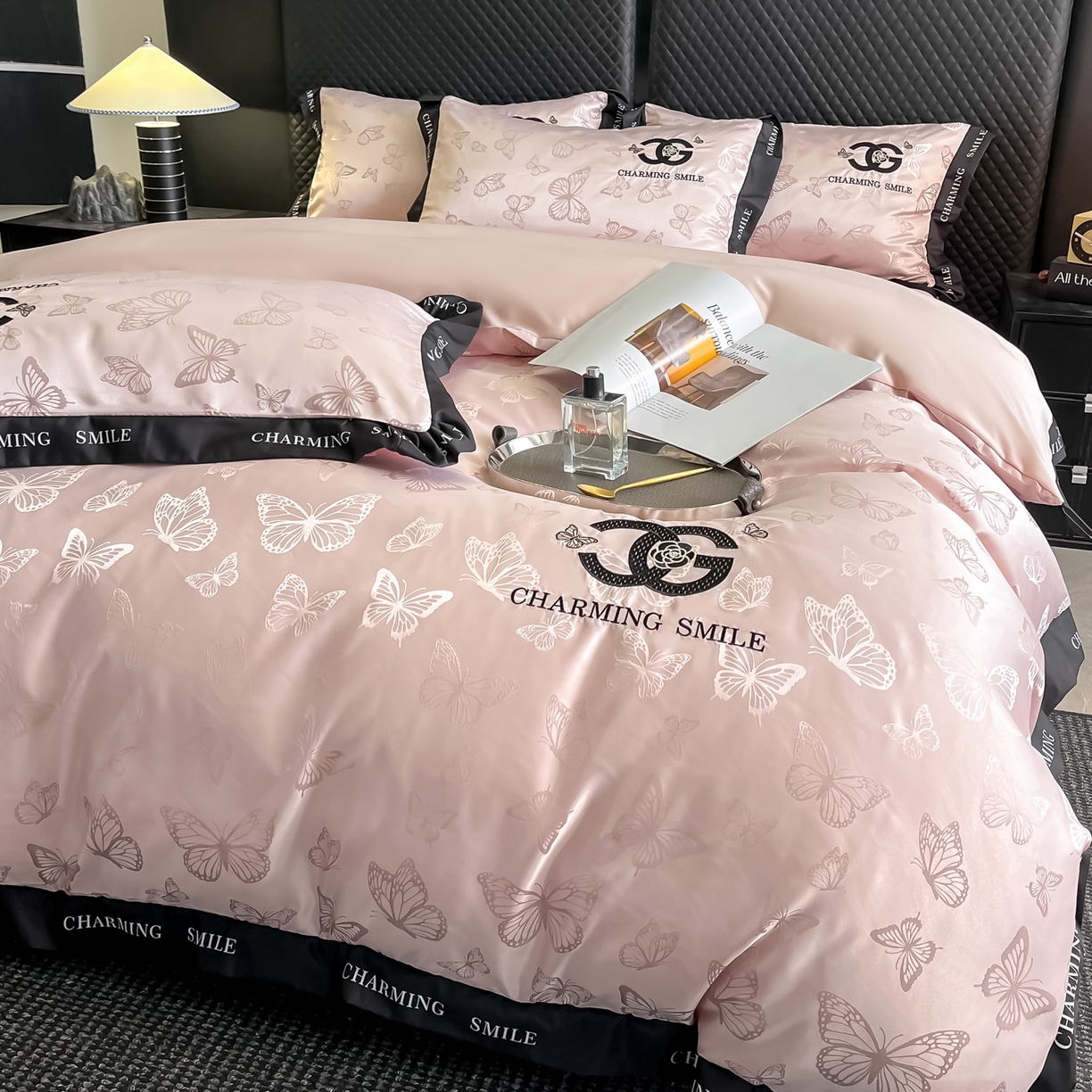 91家纺网 家纺一手货源 找家纺 澳梵家居 2026新款冰丝提花水洗真丝四件套-蝶梦系列 蝶梦-水粉