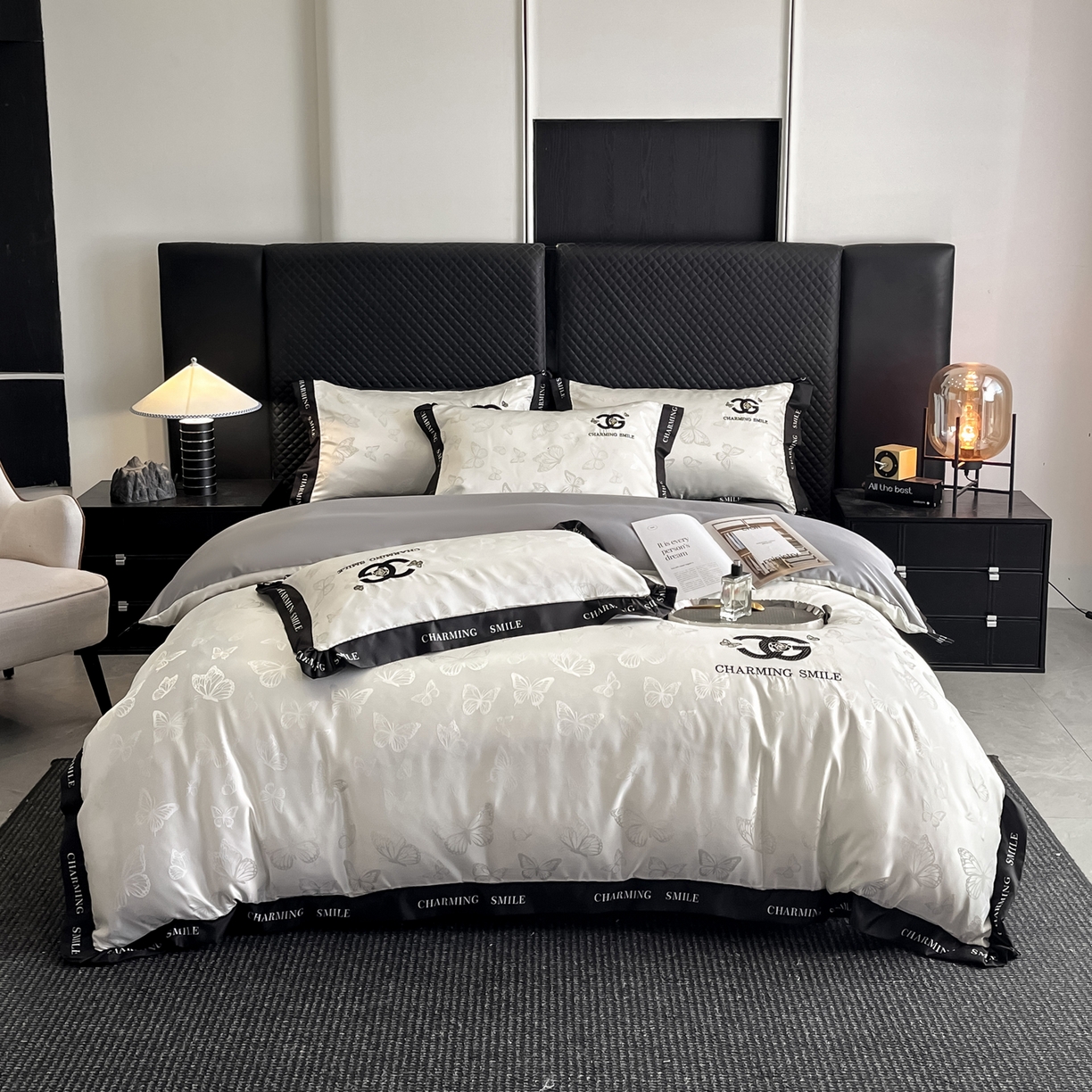 91家纺网 家纺一手货源 找家纺 澳梵家居 2026新款冰丝提花水洗真丝四件套-蝶梦系列 蝶梦-白灰