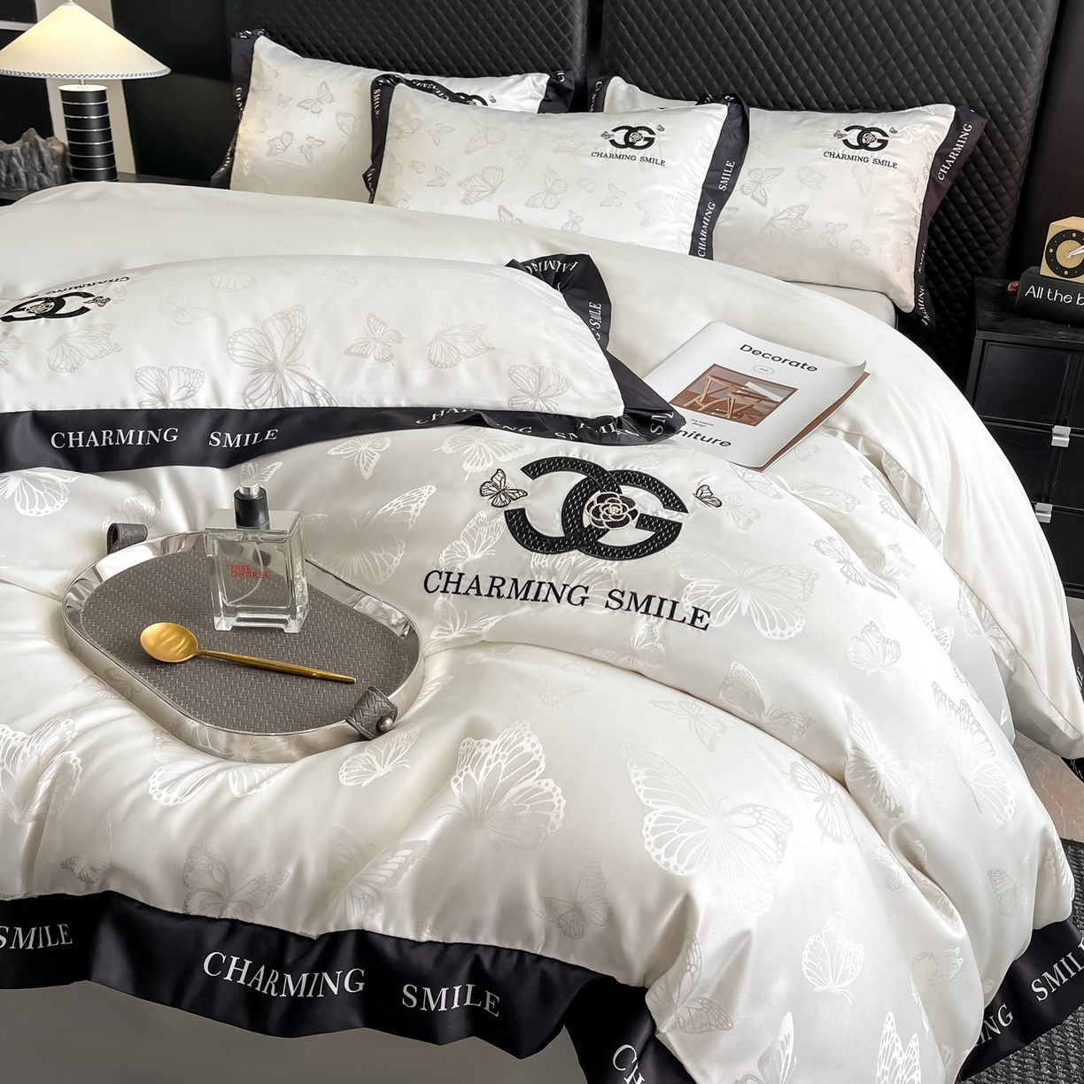 91家纺网 家纺一手货源 找家纺 澳梵家居 2026新款冰丝提花水洗真丝四件套-蝶梦系列 蝶梦-珍珠白