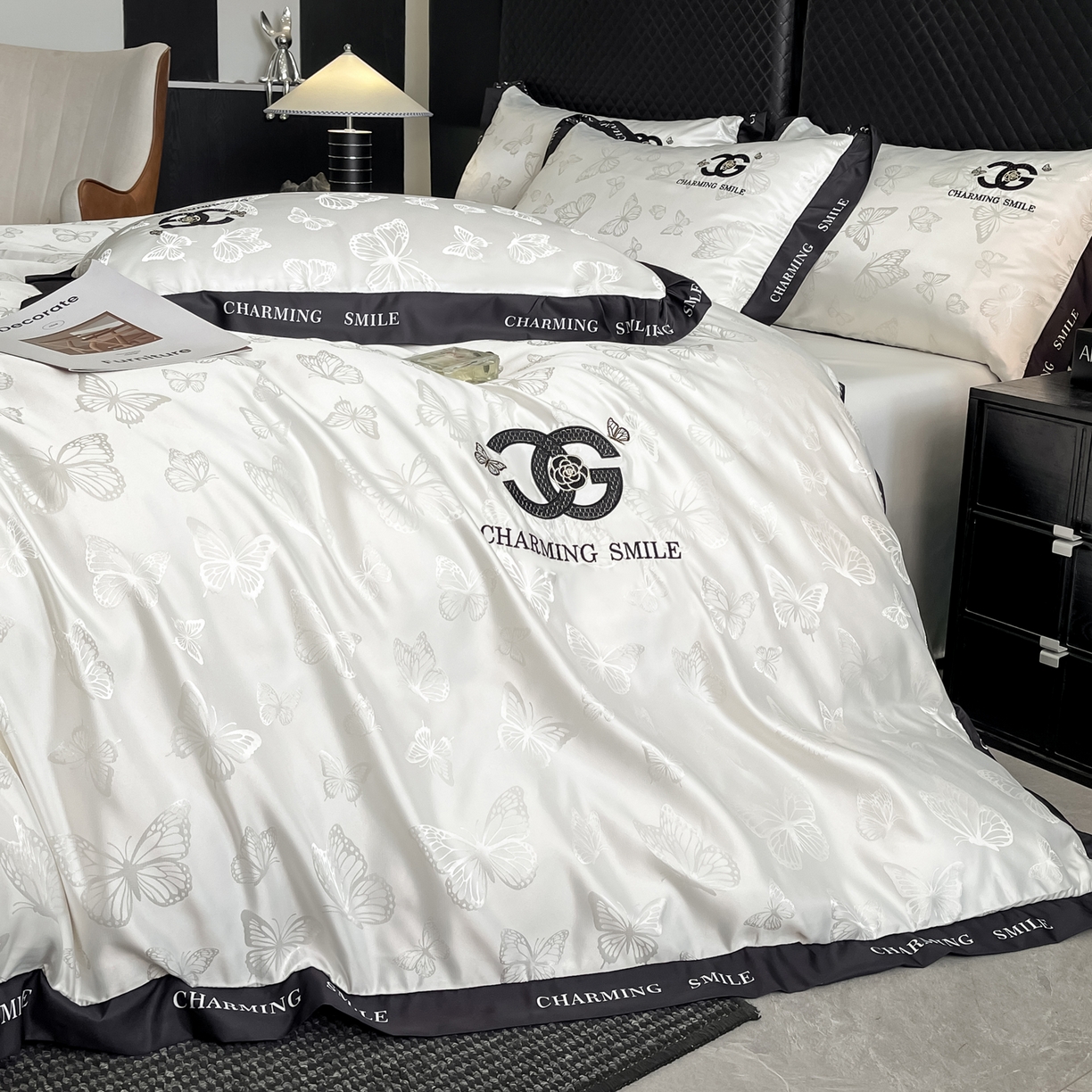 91家纺网 家纺一手货源 找家纺 澳梵家居 2026新款冰丝提花水洗真丝四件套-蝶梦系列 蝶梦-珍珠白