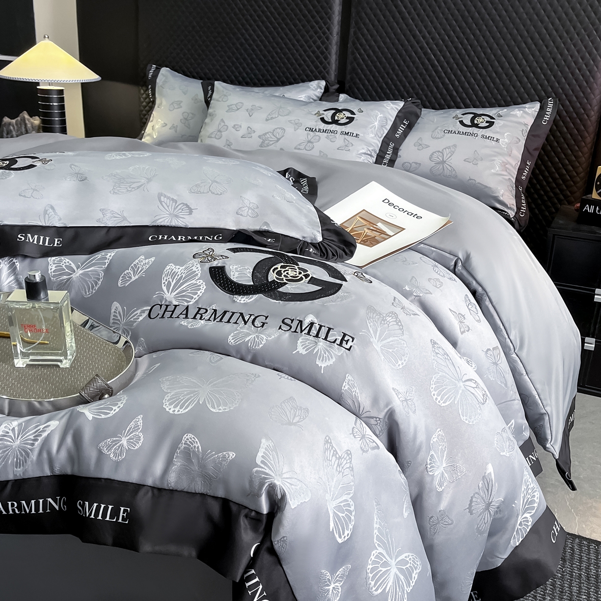 澳梵家居 2026新款冰丝提花水洗真丝四件套-蝶梦系列 蝶梦-银灰