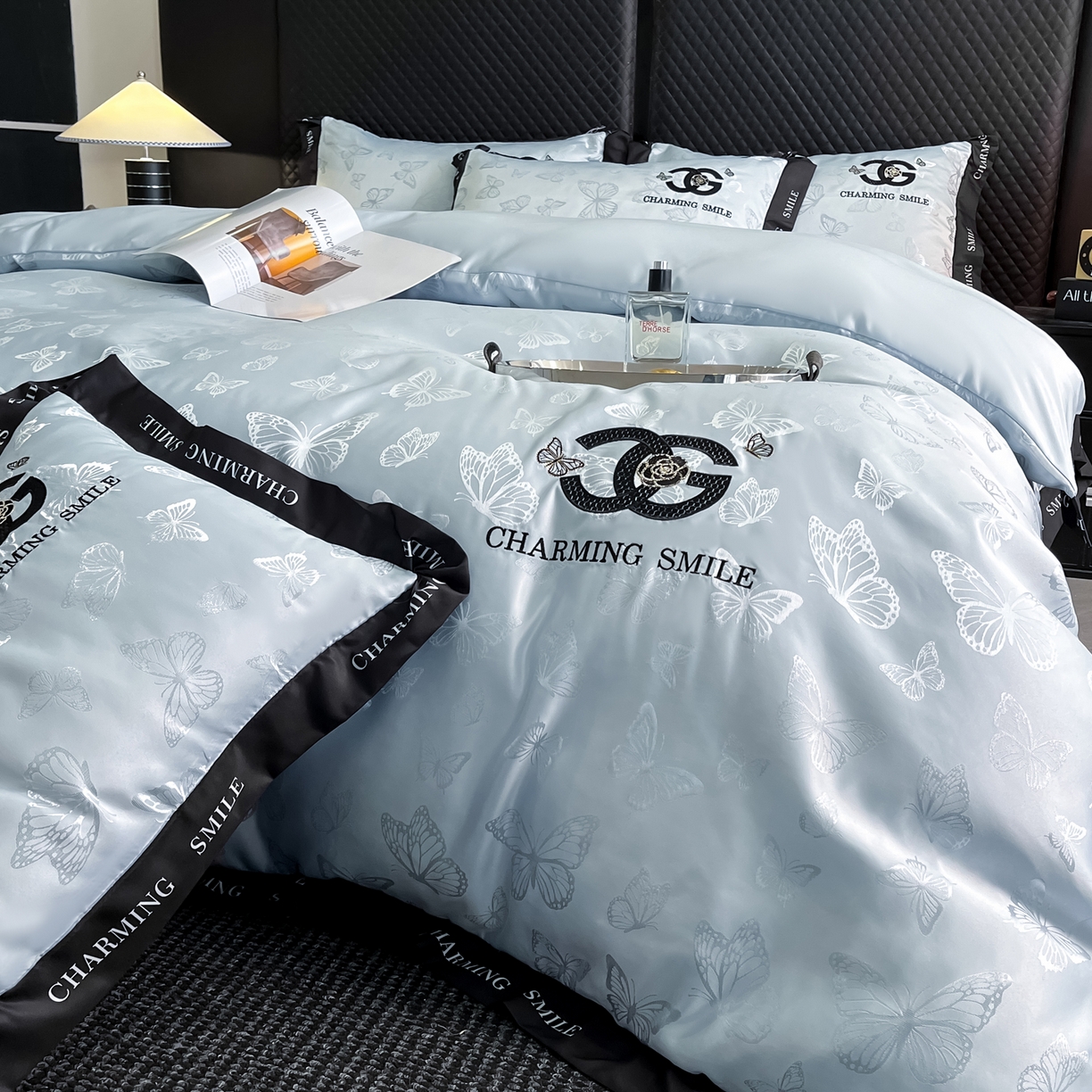 91家纺网 家纺一手货源 找家纺 澳梵家居 2026新款冰丝提花水洗真丝四件套-蝶梦系列 蝶梦-梦蓝