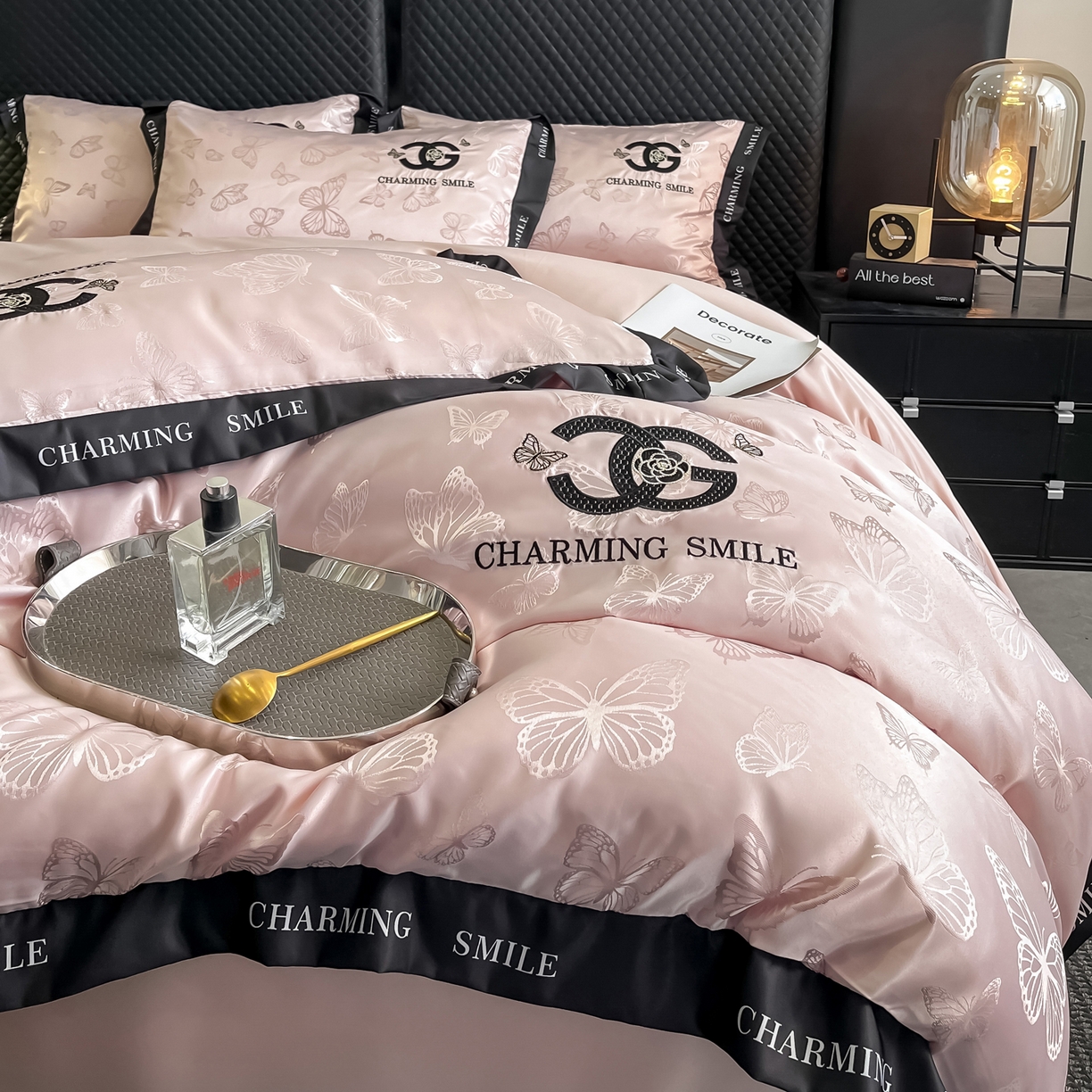 91家纺网 家纺一手货源 找家纺 澳梵家居 2026新款冰丝提花水洗真丝四件套-蝶梦系列 蝶梦-水粉