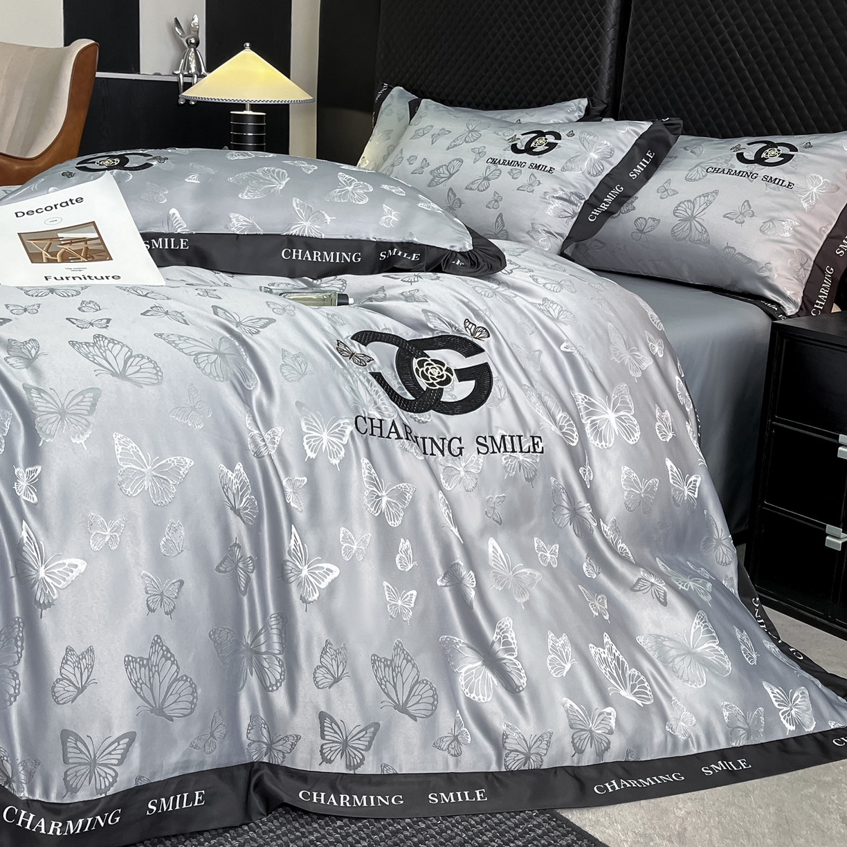 91家纺网 家纺一手货源 找家纺 澳梵家居 2026新款冰丝提花水洗真丝四件套-蝶梦系列 蝶梦-银灰