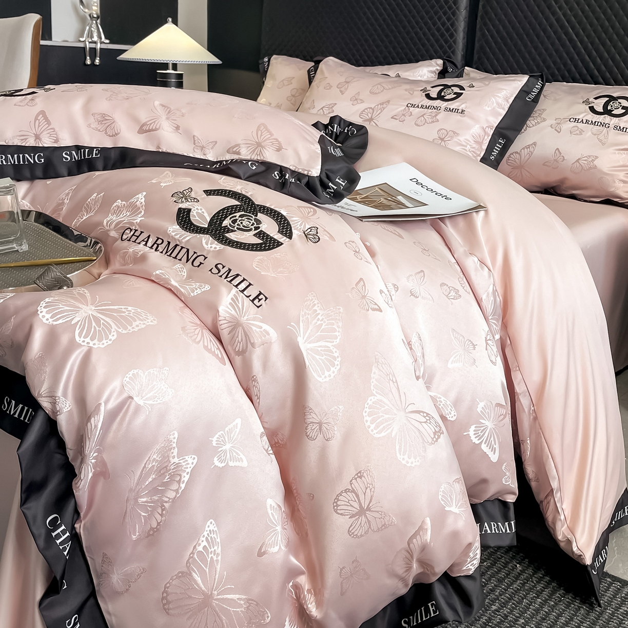 91家纺网 家纺一手货源 找家纺 澳梵家居 2026新款冰丝提花水洗真丝四件套-蝶梦系列 蝶梦-水粉