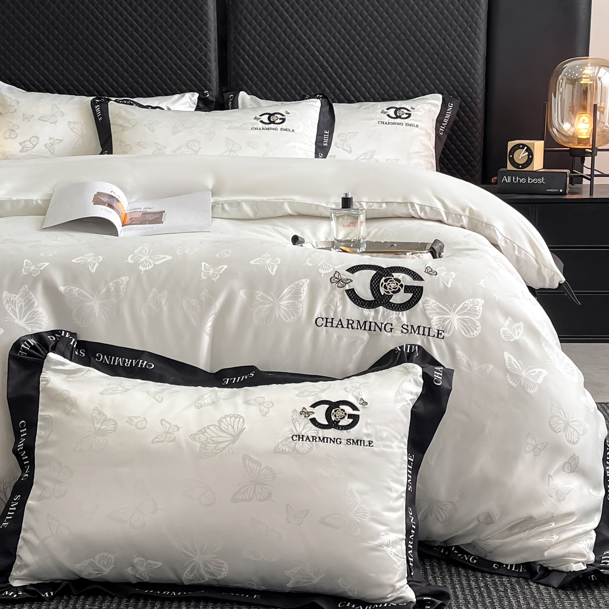 91家纺网 家纺一手货源 找家纺 澳梵家居 2026新款冰丝提花水洗真丝四件套-蝶梦系列 蝶梦-珍珠白