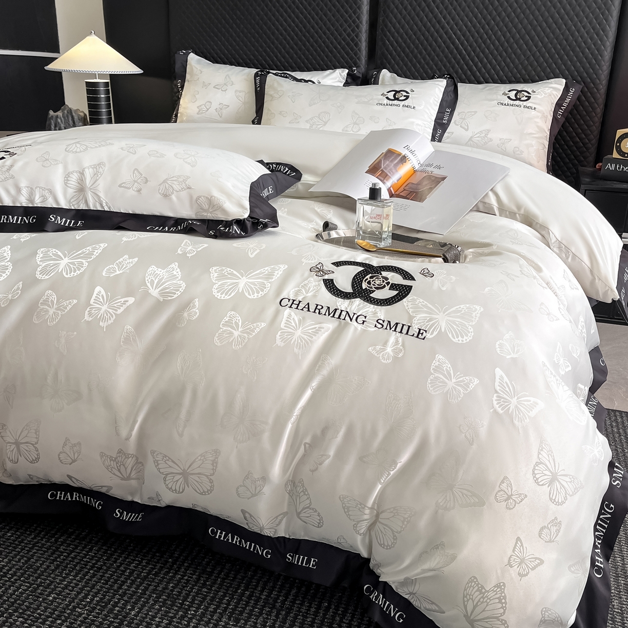 91家纺网 家纺一手货源 找家纺 澳梵家居 2026新款冰丝提花水洗真丝四件套-蝶梦系列 蝶梦-珍珠白