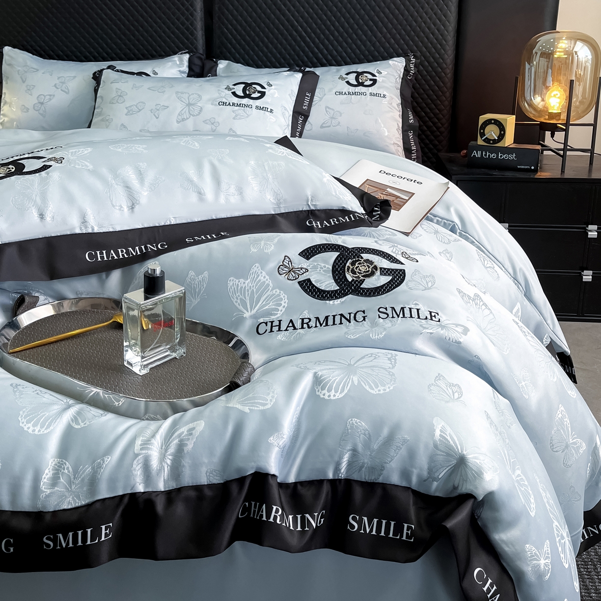 91家纺网 家纺一手货源 找家纺 澳梵家居 2026新款冰丝提花水洗真丝四件套-蝶梦系列 蝶梦-梦蓝