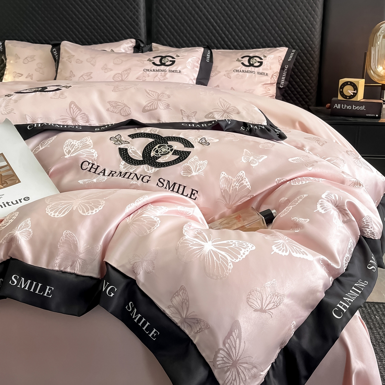 91家纺网 家纺一手货源 找家纺 澳梵家居 2026新款冰丝提花水洗真丝四件套-蝶梦系列 蝶梦-水粉