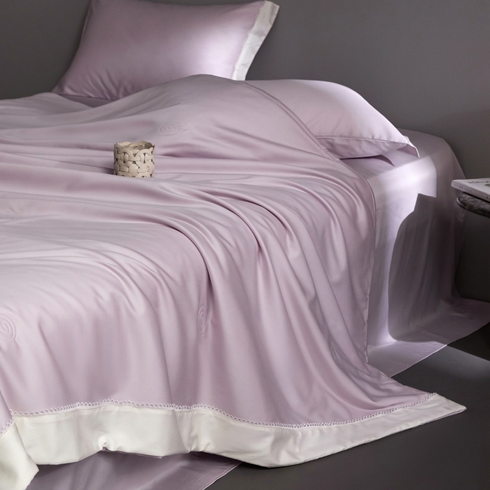 91家纺网 家纺一手货源 找家纺 金奇达家纺 2026新款茧养软夹心蚕丝四件套-丝颜悦色（标准号全网控价（折后券后）不低于299元 单夏被会员-40元 四件套会员-30） 丝颜悦色-水雾紫