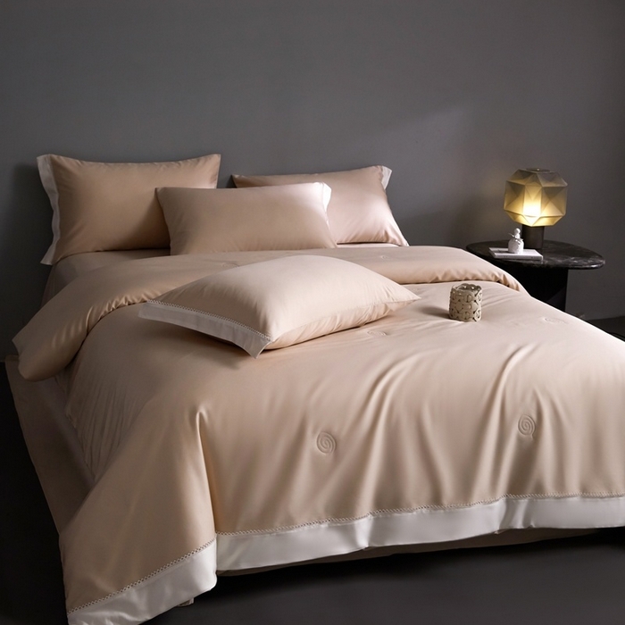 91家纺网 家纺一手货源 找家纺 金奇达家纺 2026新款茧养软夹心蚕丝四件套-丝颜悦色（标准号全网控价（折后券后）不低于299元 单夏被会员-40元 四件套会员-30） 丝颜悦色-肉桂沙茶