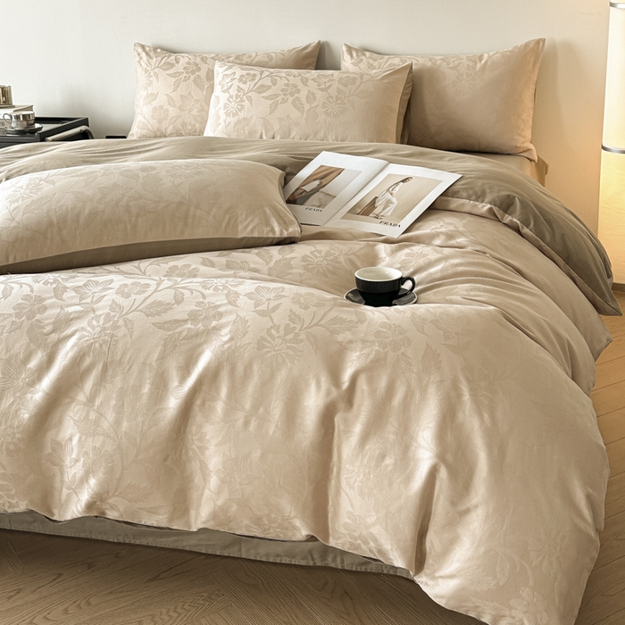 91家纺网 家纺一手货源 找家纺 琪格格纺织 2026新款纯棉全棉60s贡缎轻奢大提花四件套 纯棉贡缎 风浅浅棕