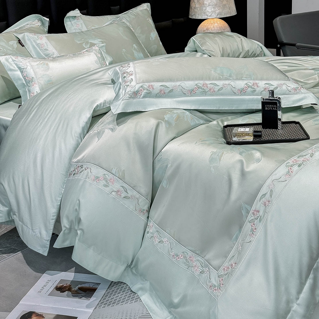 2026新款轻奢风A类厚织提花长绒棉纯棉四件套100全棉高档重工刺绣被套床单床笠 薇澜-云水绿