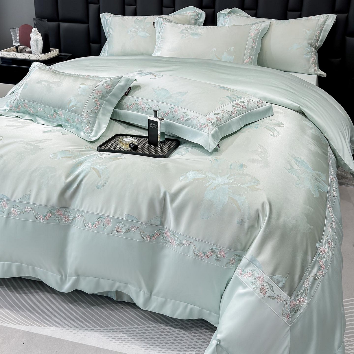 91家纺网 家纺一手货源 找家纺 2026新款轻奢风A类厚织提花长绒棉纯棉四件套100全棉高档重工刺绣被套床单床笠 薇澜-云水绿