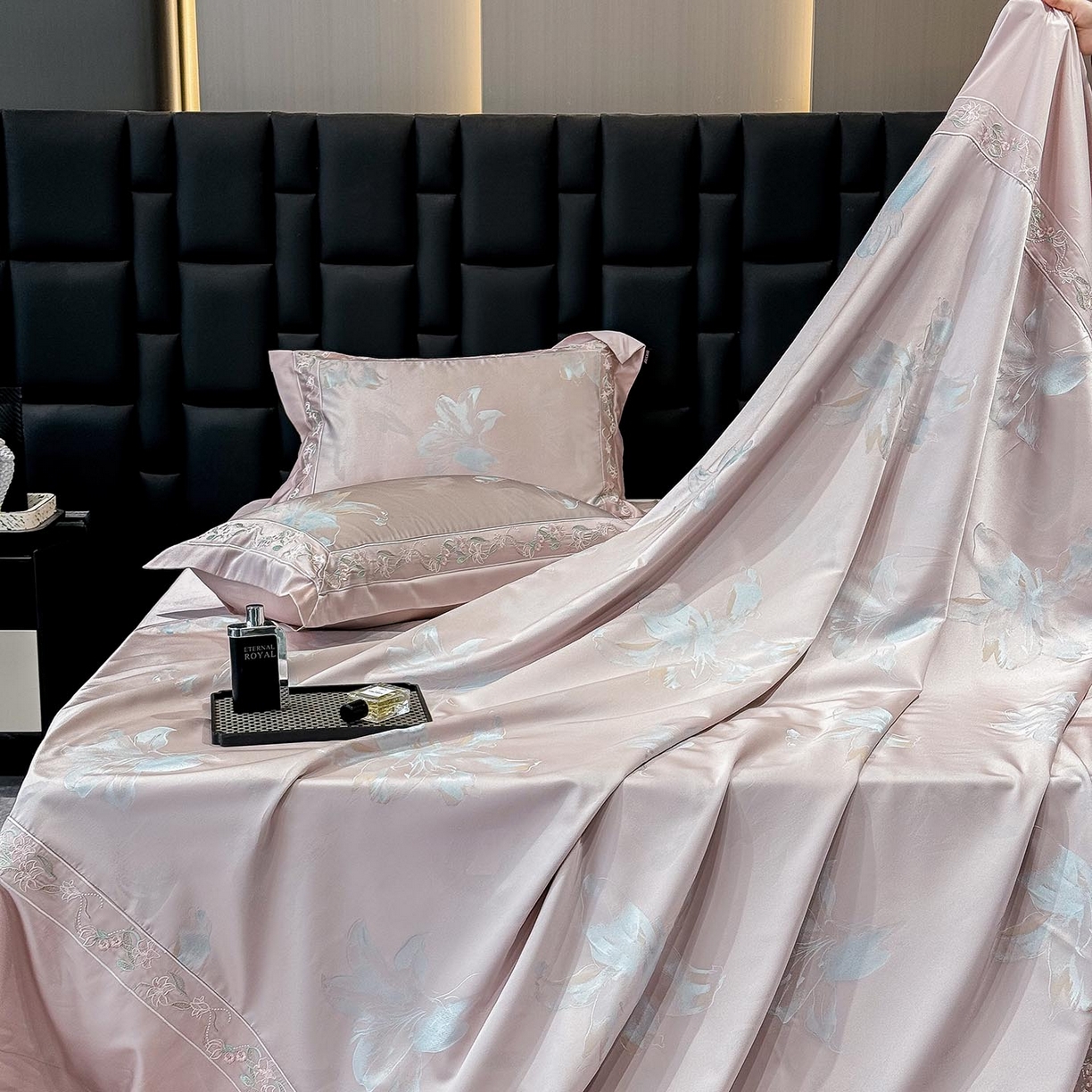 91家纺网 家纺一手货源 找家纺 2026新款轻奢风A类厚织提花长绒棉纯棉四件套100全棉高档重工刺绣被套床单床笠 薇澜-凝烟粉