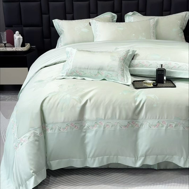 91家纺网 家纺一手货源 找家纺 2026新款轻奢风A类厚织提花长绒棉纯棉四件套100全棉高档重工刺绣被套床单床笠 薇澜-云水绿