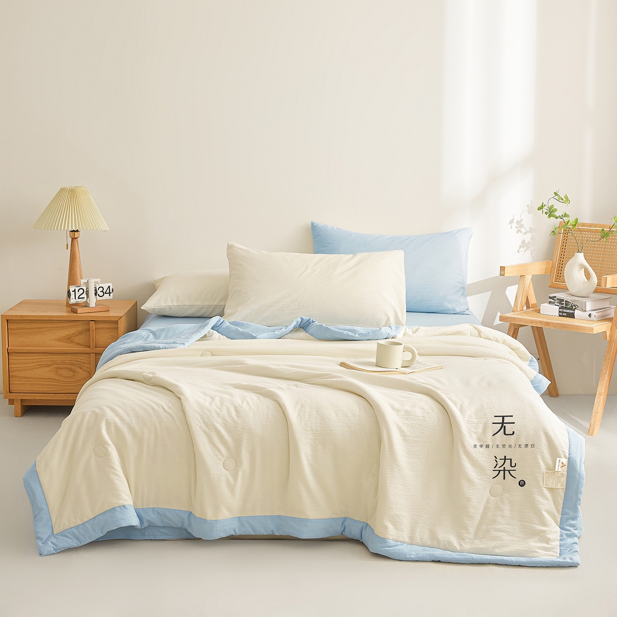 91家纺网 家纺一手货源 找家纺 晓时候 2026A类云感双层纱夏被四件套新疆棉花被无染夏凉被空调被 云朵白+青春蓝
