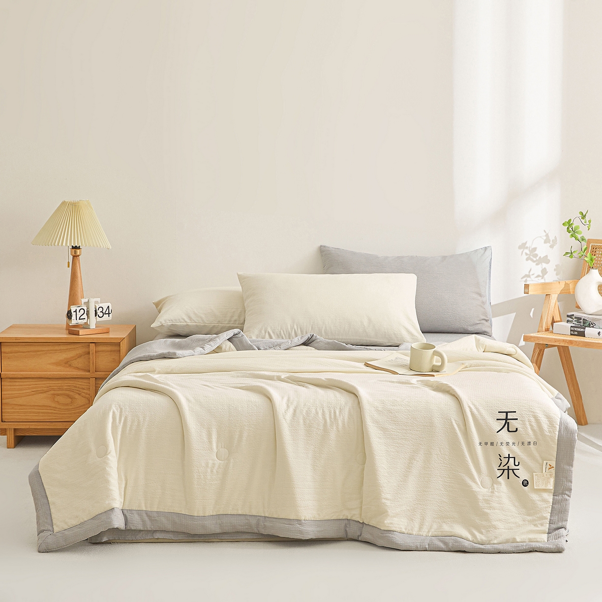 91家纺网 家纺一手货源 找家纺 晓时候 2026A类云感双层纱夏被四件套新疆棉花被无染夏凉被空调被 云朵白+冰川灰
