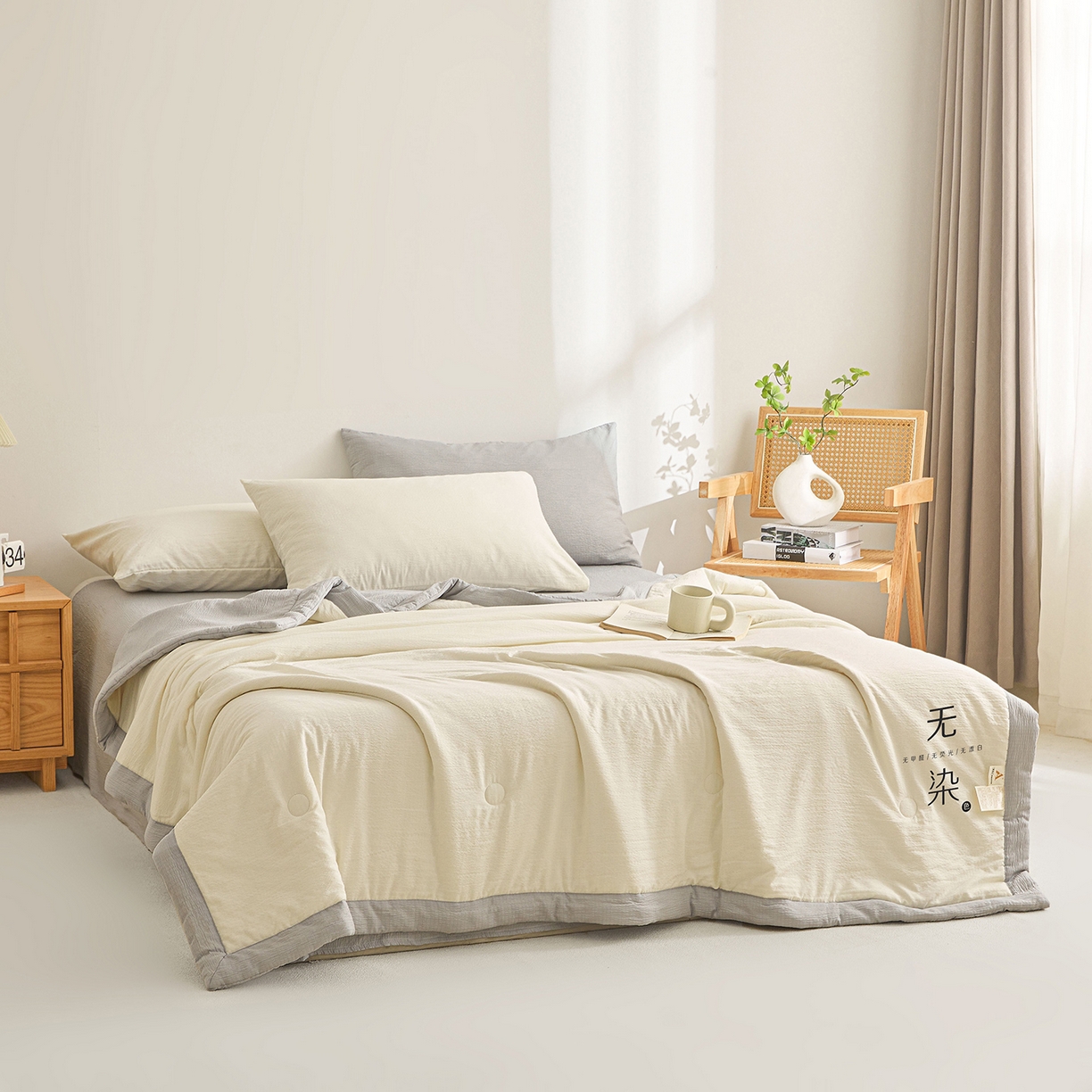 91家纺网 家纺一手货源 找家纺 晓时候 2026A类云感双层纱夏被四件套新疆棉花被无染夏凉被空调被 云朵白+冰川灰