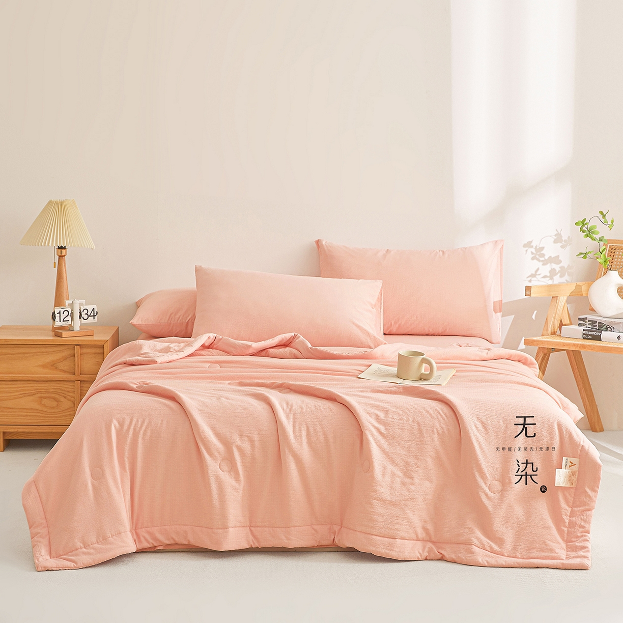 91家纺网 家纺一手货源 找家纺 晓时候 2026A类云感双层纱夏被四件套新疆棉花被无染夏凉被空调被 樱花粉