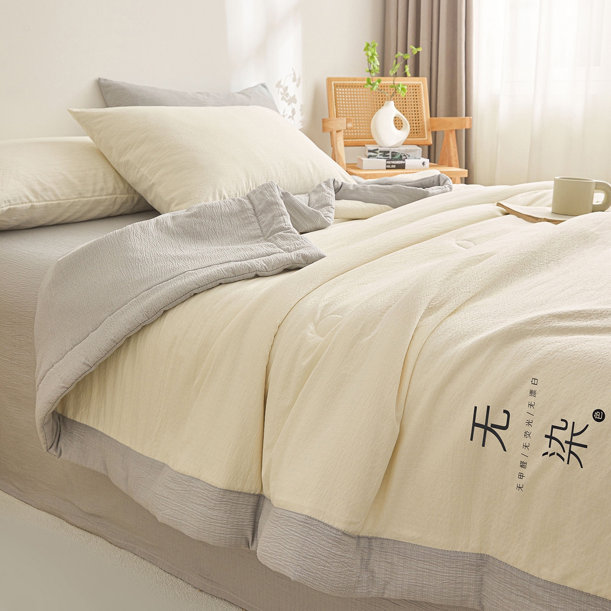 91家纺网 家纺一手货源 找家纺 晓时候 2026A类云感双层纱夏被四件套新疆棉花被无染夏凉被空调被 云朵白+冰川灰