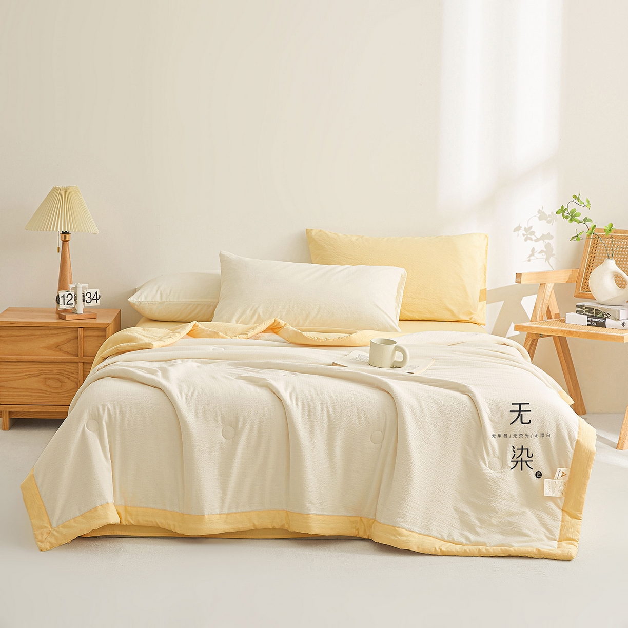 91家纺网 家纺一手货源 找家纺 晓时候 2026A类云感双层纱夏被四件套新疆棉花被无染夏凉被空调被 云朵白+柠檬黄