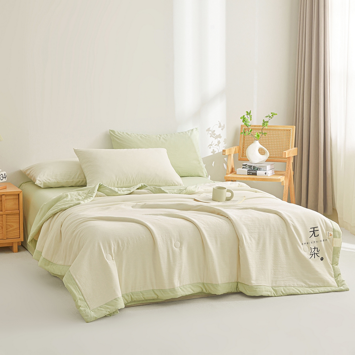 91家纺网 家纺一手货源 找家纺 晓时候 2026A类云感双层纱夏被四件套新疆棉花被无染夏凉被空调被 云朵白+青竹绿