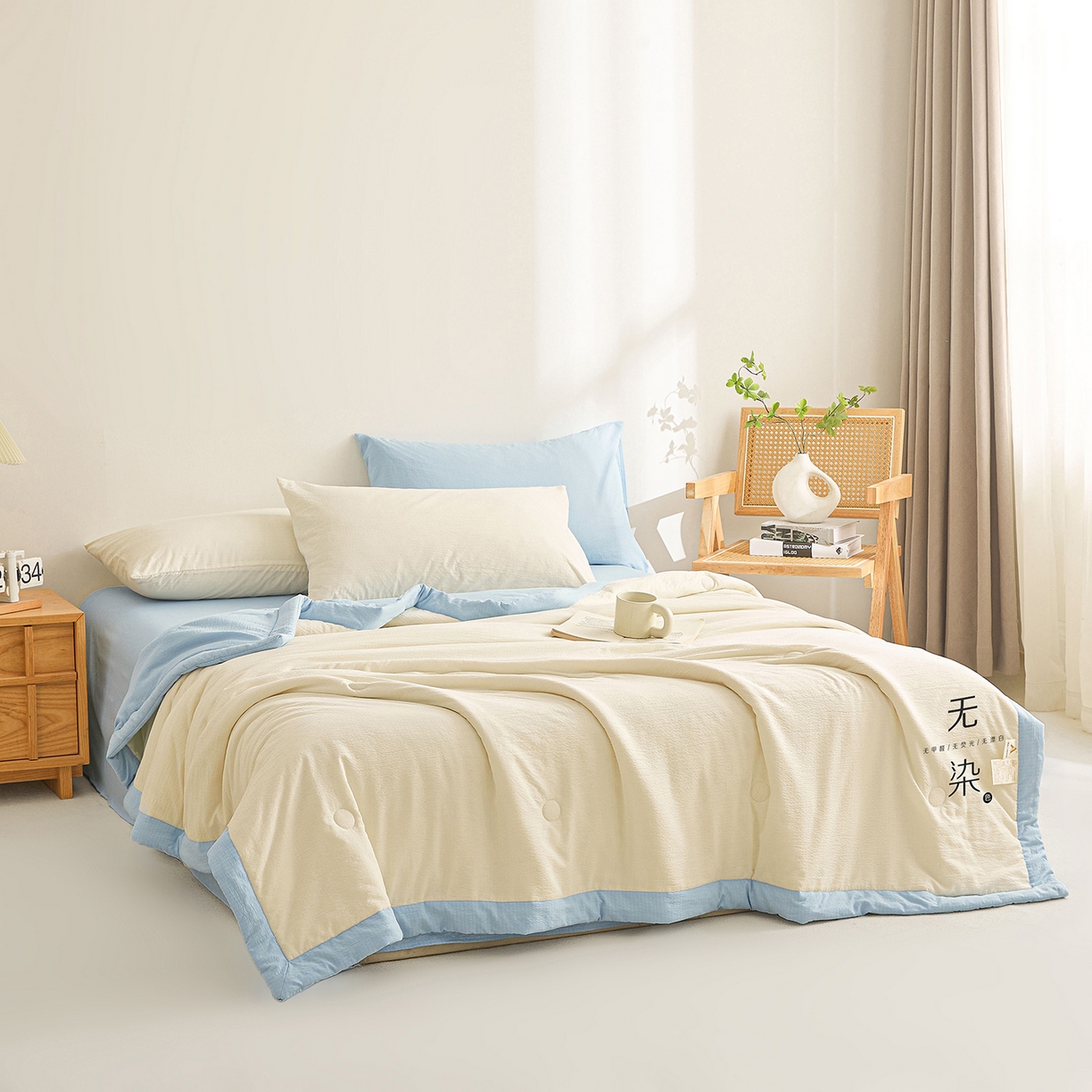 91家纺网 家纺一手货源 找家纺 晓时候 2026A类云感双层纱夏被四件套新疆棉花被无染夏凉被空调被 云朵白+青春蓝