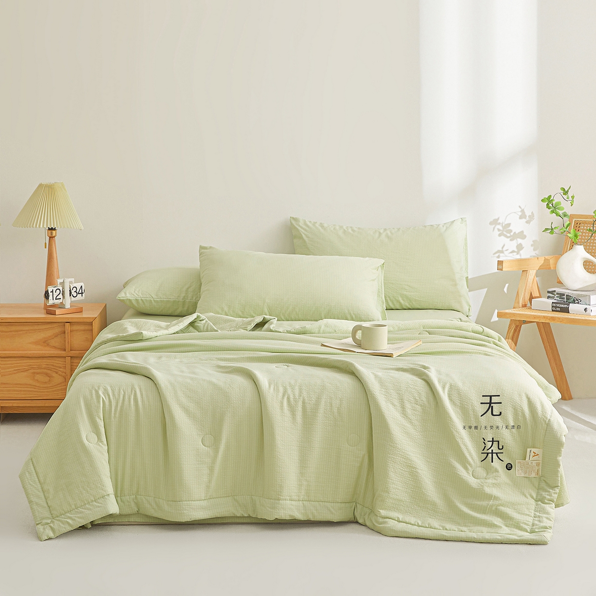 91家纺网 家纺一手货源 找家纺 晓时候 2026A类云感双层纱夏被四件套新疆棉花被无染夏凉被空调被 青竹绿