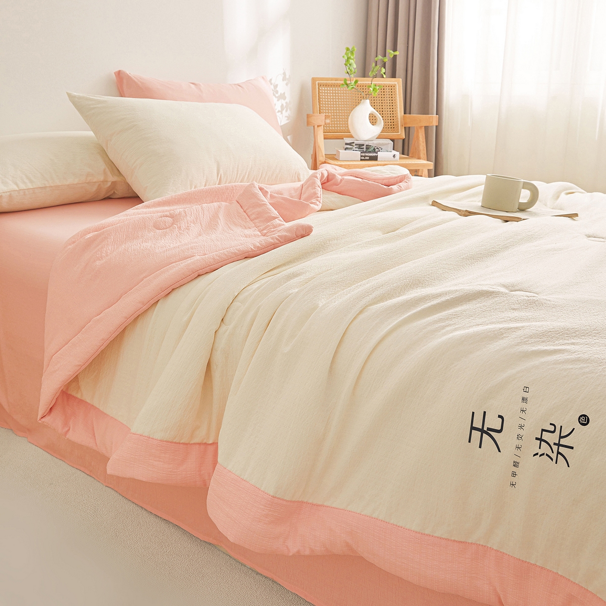 91家纺网 家纺一手货源 找家纺 晓时候 2026A类云感双层纱夏被四件套新疆棉花被无染夏凉被空调被 云朵白+樱花粉