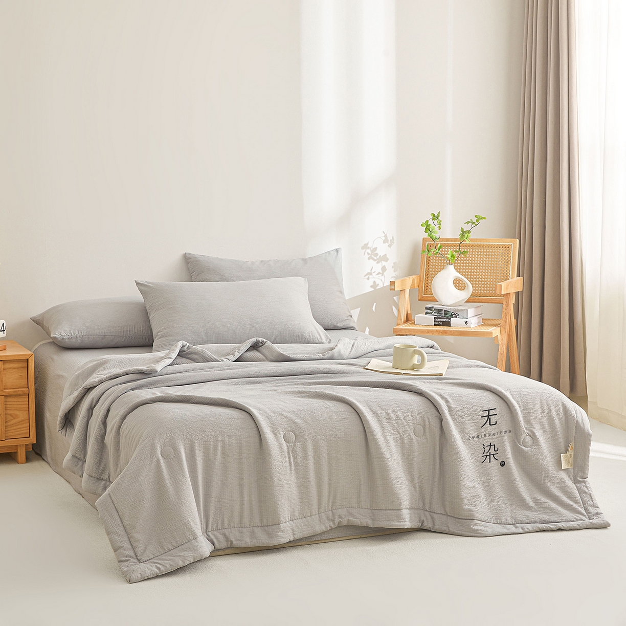91家纺网 家纺一手货源 找家纺 晓时候 2026A类云感双层纱夏被四件套新疆棉花被无染夏凉被空调被 冰川灰