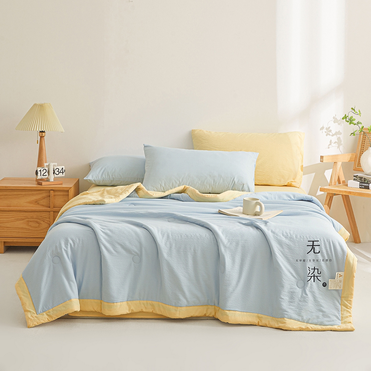 91家纺网 家纺一手货源 找家纺 晓时候 2026A类云感双层纱夏被四件套新疆棉花被无染夏凉被空调被 青春蓝+柠檬黄
