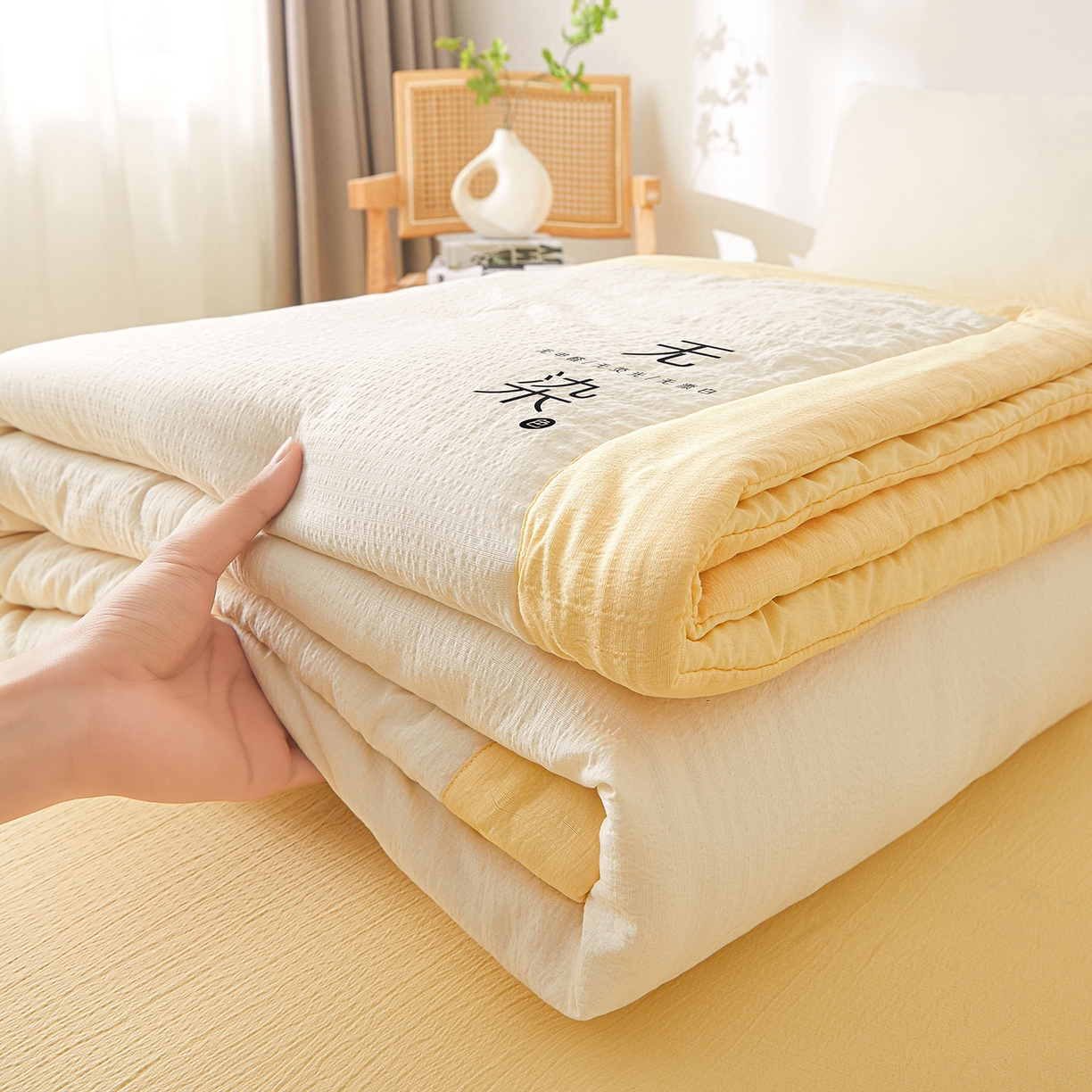 91家纺网 家纺一手货源 找家纺 晓时候 2026A类云感双层纱夏被四件套新疆棉花被无染夏凉被空调被 云朵白+柠檬黄