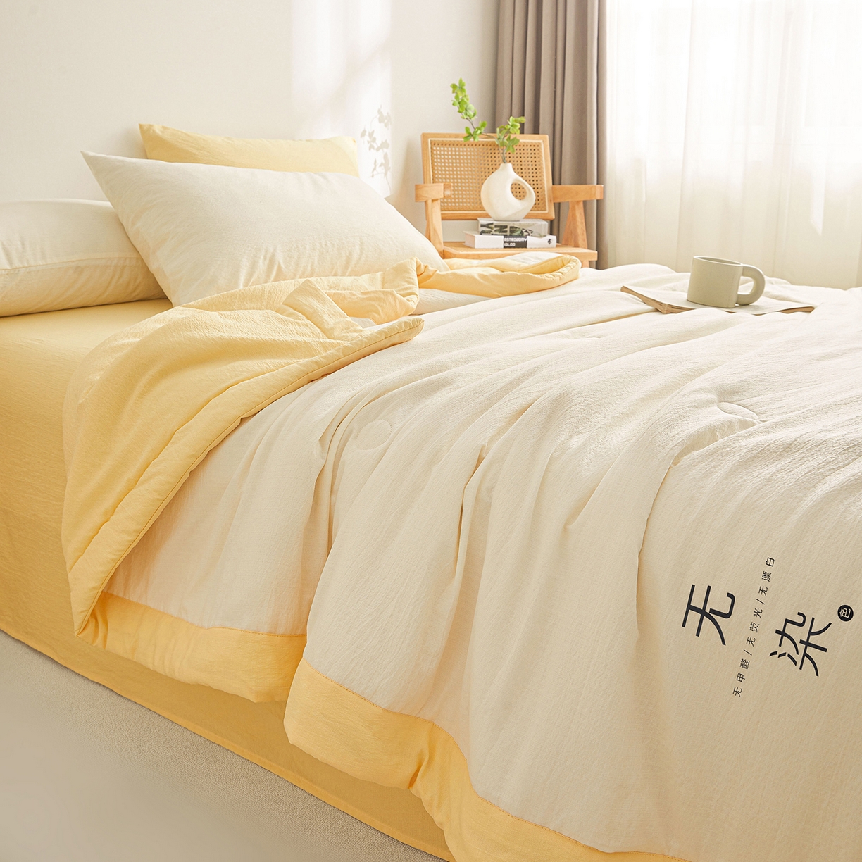 91家纺网 家纺一手货源 找家纺 晓时候 2026A类云感双层纱夏被四件套新疆棉花被无染夏凉被空调被 云朵白+柠檬黄