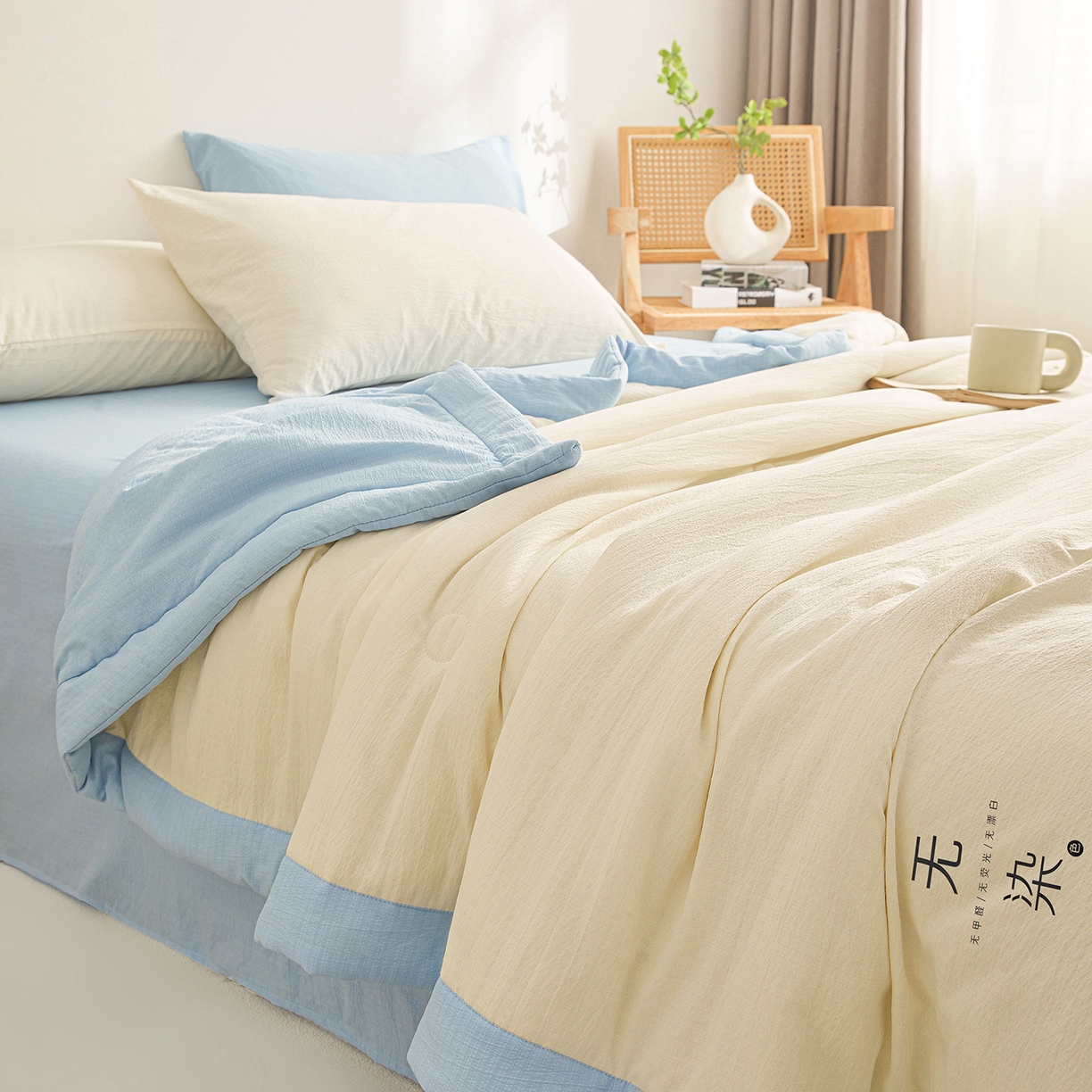91家纺网 家纺一手货源 找家纺 晓时候 2026A类云感双层纱夏被四件套新疆棉花被无染夏凉被空调被 云朵白+青春蓝