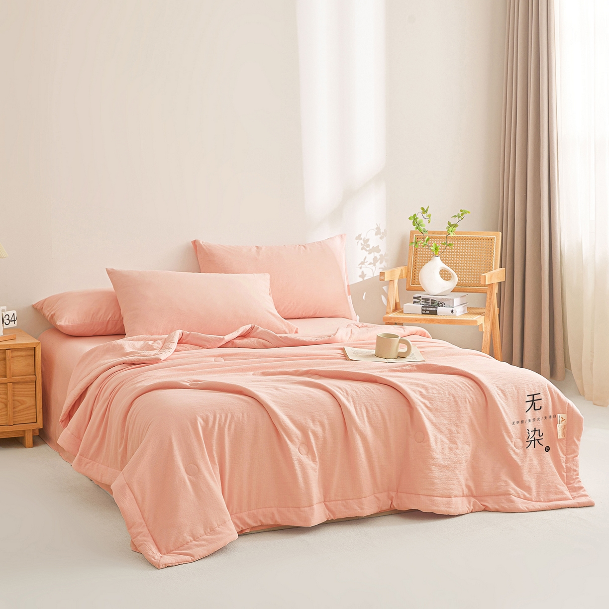 91家纺网 家纺一手货源 找家纺 晓时候 2026A类云感双层纱夏被四件套新疆棉花被无染夏凉被空调被 樱花粉