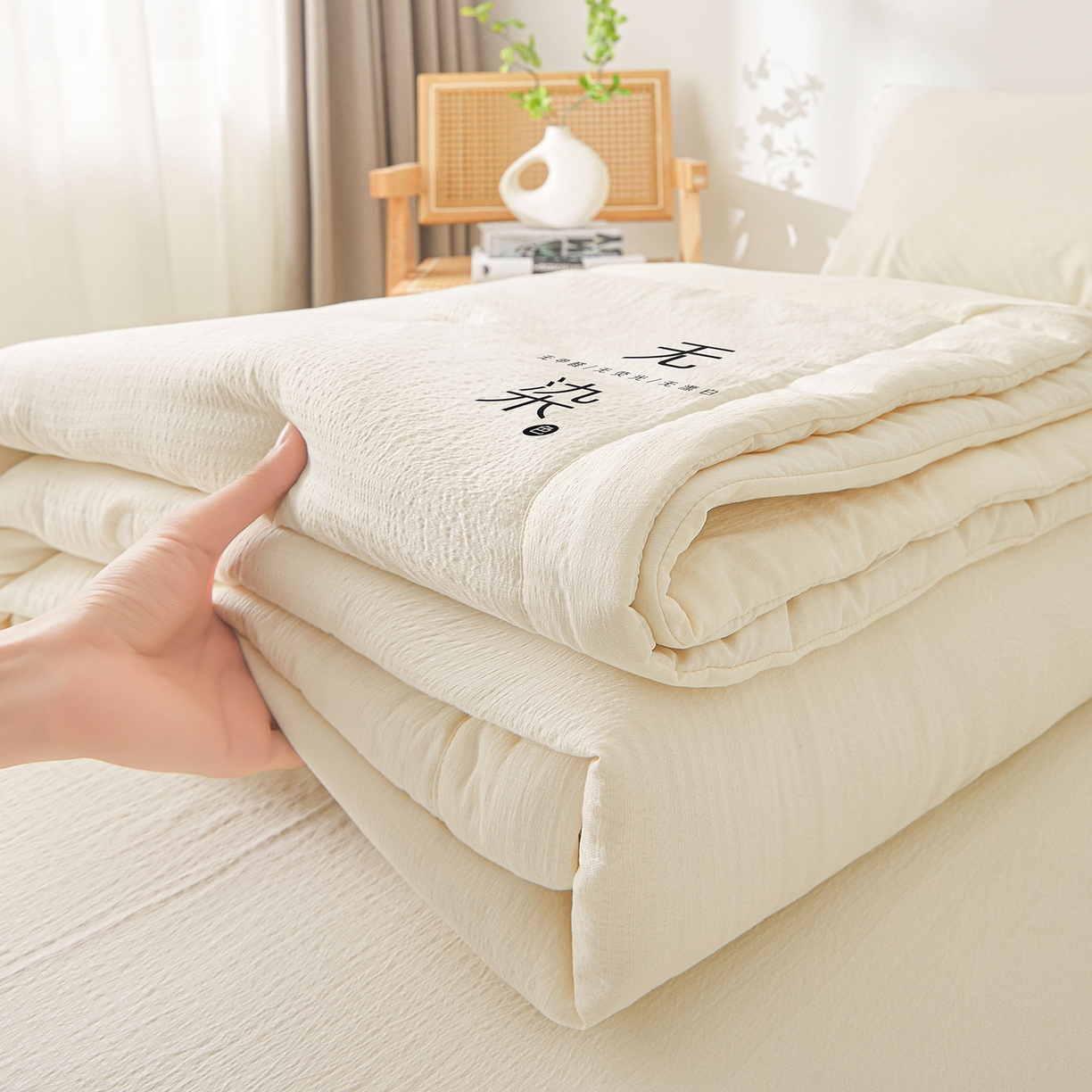 91家纺网 家纺一手货源 找家纺 晓时候 2026A类云感双层纱夏被四件套新疆棉花被无染夏凉被空调被 云朵白