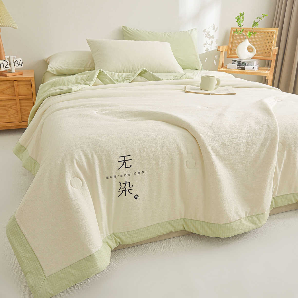 91家纺网 家纺一手货源 找家纺 晓时候 2026A类云感双层纱夏被四件套新疆棉花被无染夏凉被空调被 云朵白+青竹绿