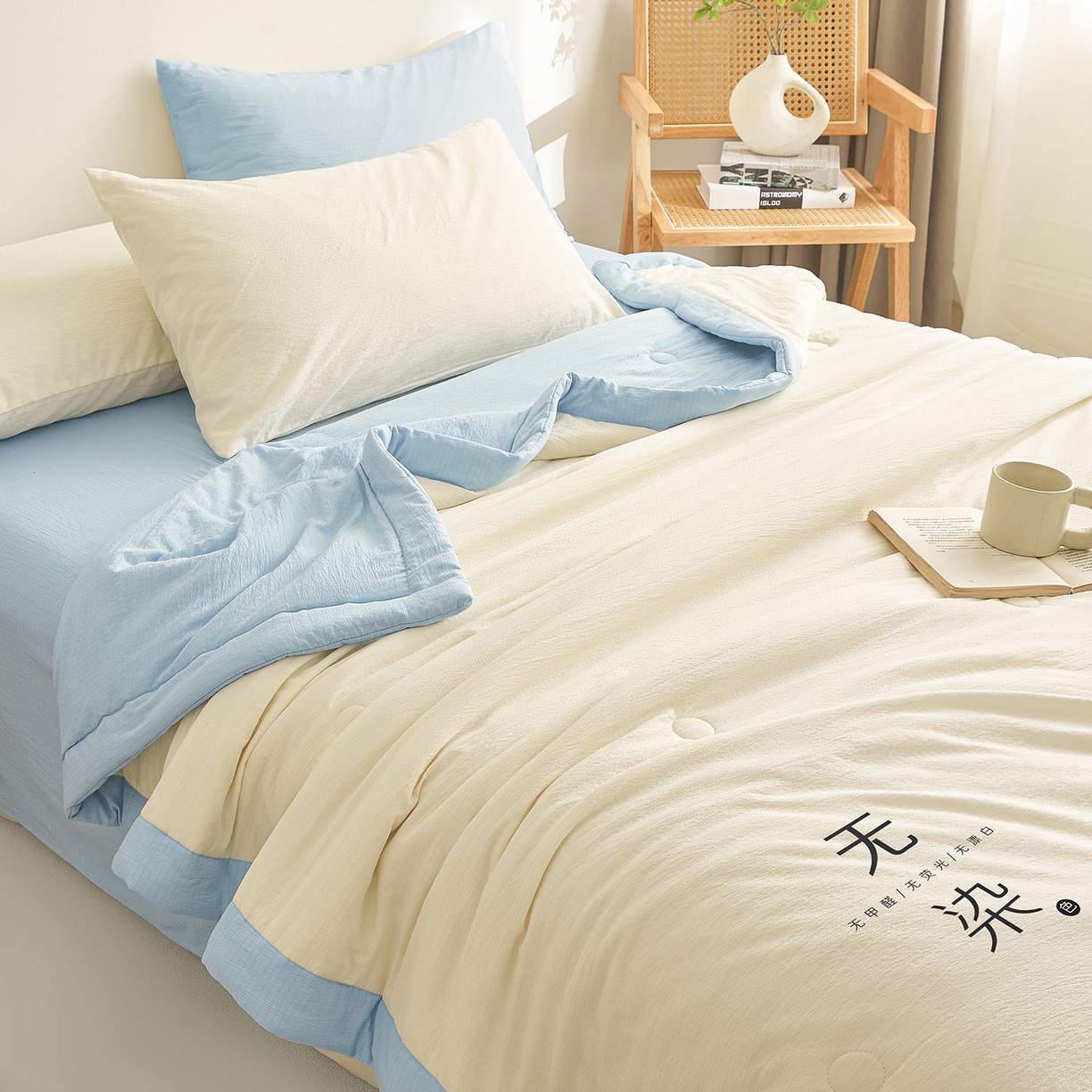 91家纺网 家纺一手货源 找家纺 晓时候 2026A类云感双层纱夏被四件套新疆棉花被无染夏凉被空调被 云朵白+青春蓝