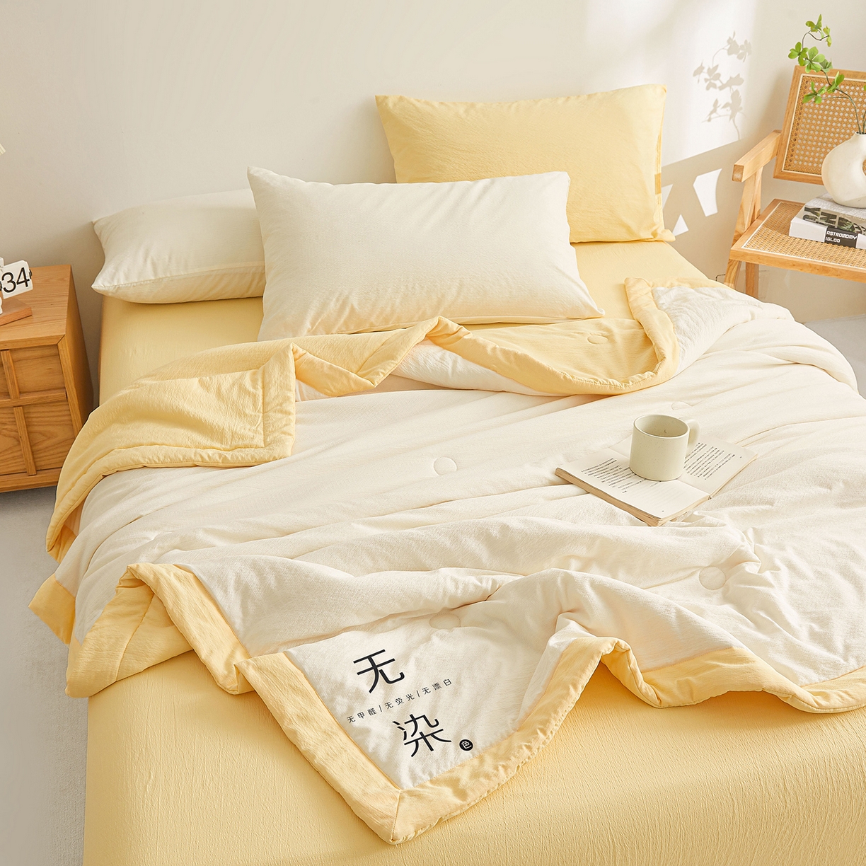 91家纺网 家纺一手货源 找家纺 晓时候 2026A类云感双层纱夏被四件套新疆棉花被无染夏凉被空调被 云朵白+柠檬黄