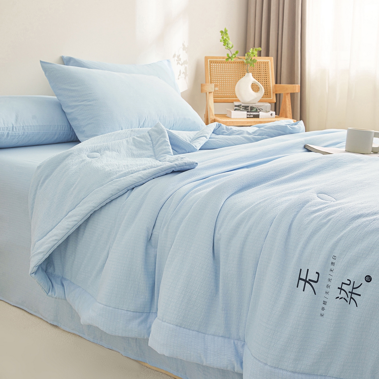 91家纺网 家纺一手货源 找家纺 晓时候 2026A类云感双层纱夏被四件套新疆棉花被无染夏凉被空调被 青春蓝