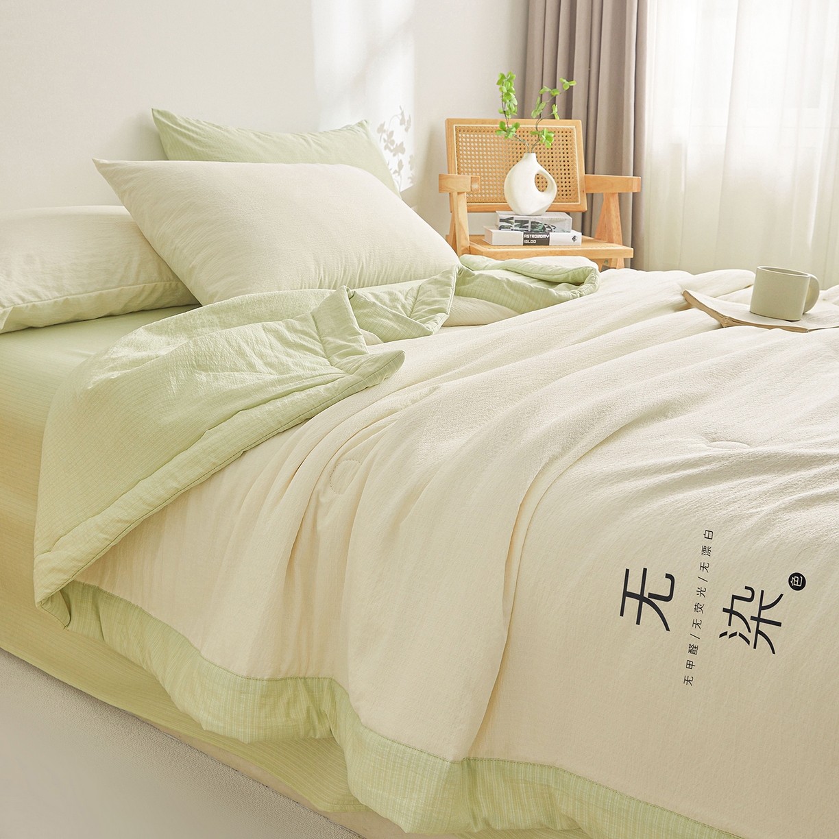 91家纺网 家纺一手货源 找家纺 晓时候 2026A类云感双层纱夏被四件套新疆棉花被无染夏凉被空调被 云朵白+青竹绿