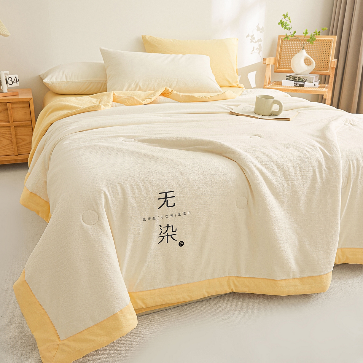 91家纺网 家纺一手货源 找家纺 晓时候 2026A类云感双层纱夏被四件套新疆棉花被无染夏凉被空调被 云朵白+柠檬黄