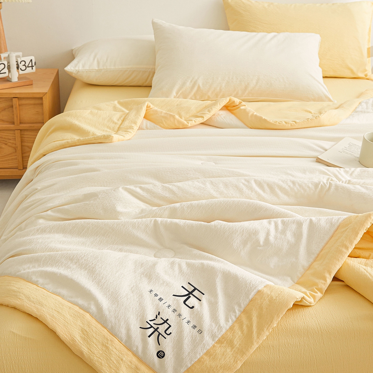 91家纺网 家纺一手货源 找家纺 晓时候 2026A类云感双层纱夏被四件套新疆棉花被无染夏凉被空调被 云朵白+柠檬黄