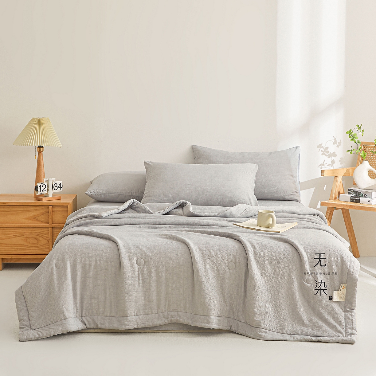 91家纺网 家纺一手货源 找家纺 晓时候 2026A类云感双层纱夏被四件套新疆棉花被无染夏凉被空调被 冰川灰