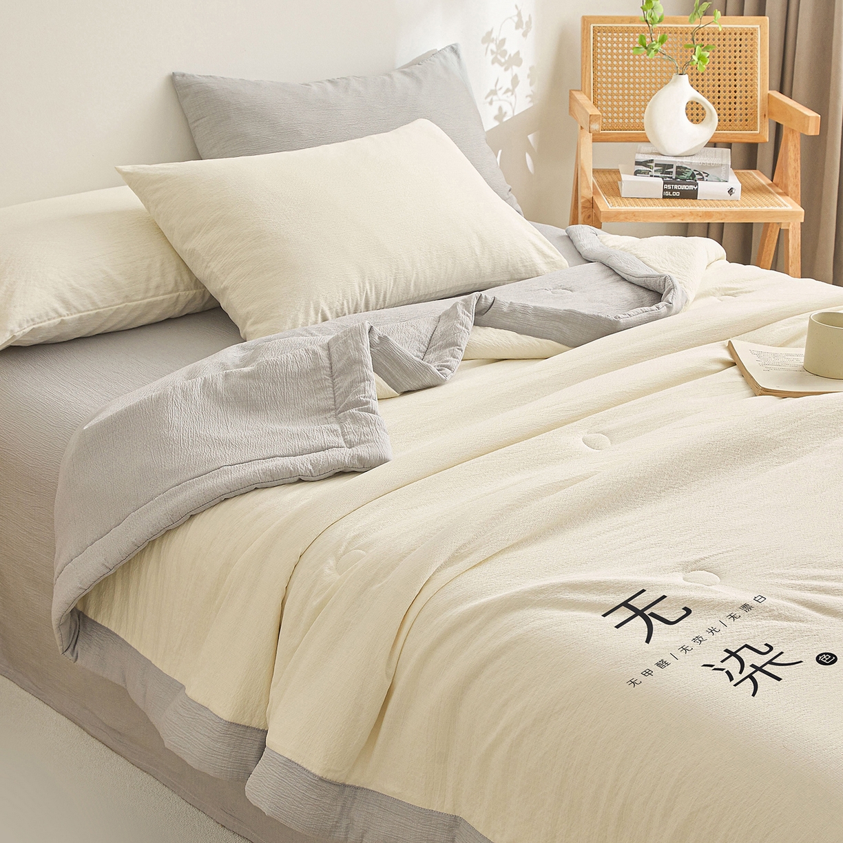 91家纺网 家纺一手货源 找家纺 晓时候 2026A类云感双层纱夏被四件套新疆棉花被无染夏凉被空调被 云朵白+冰川灰